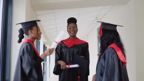 En gruppe afroamerikanske studenter med diplomer kommuniserer i universitetsbygningen – stockvideo