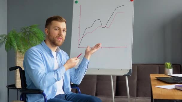 Business coach in sedia a rotelle conduce un allenamento e spiegare grafico a barre su flipchart. Concetto di inclusione — Video Stock