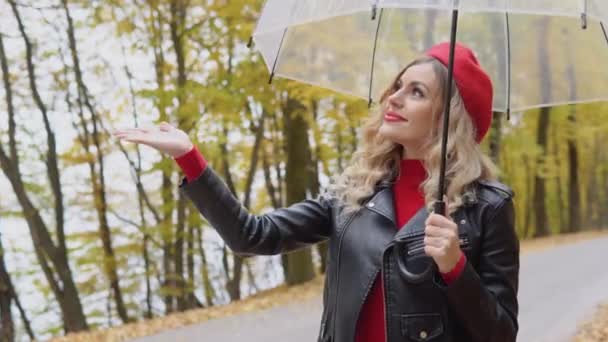 Woman rolled up her umbrella. Beautiful blonde woman walking in the autumn park — Stock Video