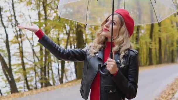 Woman rolled up her umbrella — Stock Video