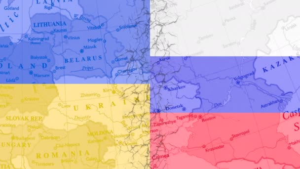 Die Nationalflaggen der Ukraine und Russlands sind isoliert auf zerbrochenen, verwitterten Betonwänden zu sehen. Plakat zum Ukraine-Krieg — Stockvideo