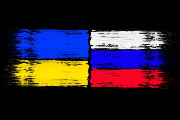 Ukraina VS Rosja flagi narodowe ikona izolowane na czarnym tle — Zdjęcie stockowe