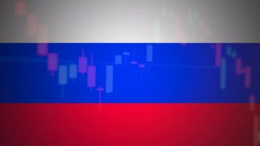 Rusya bayrağı ve borsa çizelgesi. Borsada düşüş, Rusya 'da mali kriz. Borsa kaybı ticaret grafiği analizi yatırım grafikleri finansal