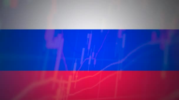 Російський прапор і фондова діаграма. Фондовий ринок падає, фінансова криза в Росії. Акції фондового ринку Втрати торгів Аналіз графіків Інвестиції бізнес-діаграми Фінансові — стокове відео