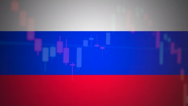 Russia bandiera e tabella delle scorte. Cade il mercato azionario, crisi finanziaria in Russia. Mercato azionario perdita di negoziazione grafico analisi delle attività di investimento grafico grafici finanziari — Video Stock