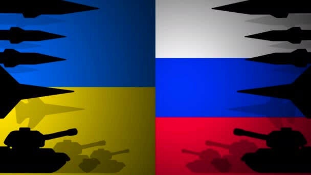 Tankar, raketer, kämpe mot bakgrund av flaggor. Rysk-ukrainsk kris, konflikt. Krigsplanen. Ukrainska seger — Stockvideo