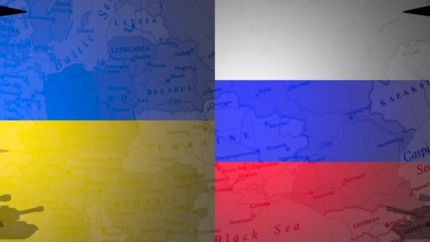 Panzer, Raketen, Kampfflugzeuge vor dem Hintergrund von Flaggen und Europakarten. Russisch-ukrainische Krise, Konflikt — Stockvideo