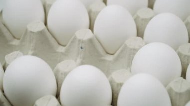 Bir sürü beyaz yumurta ve bir kahverengi yumurtayı platforma yerleştirmek. Yakın çekim. Bir sürü çiğ tavuk yumurtası.