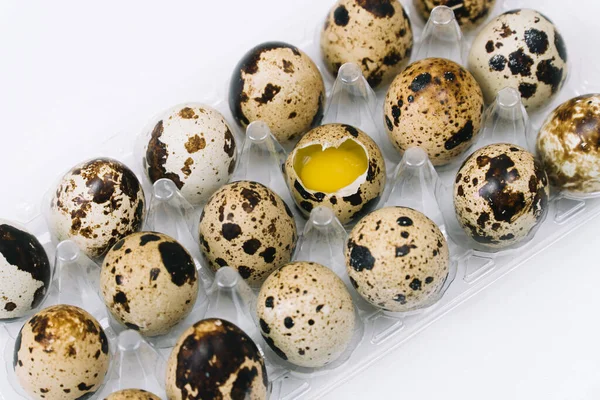 Свіжі сирі перепелині яйця і поодинці розбиті яйця. Плоский шар сирих перепелиних яєць у коробці. Вид зверху натуральне органічне яйце. Здорова справжня їжа — стокове фото