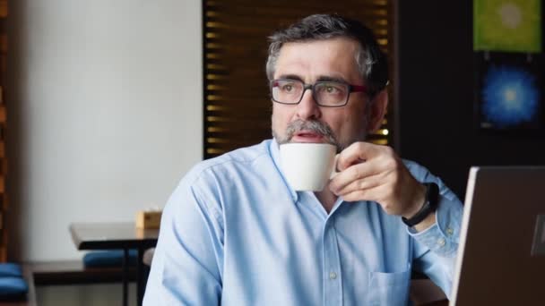 Starszy mężczyzna pije kawę siedząc w kawiarni z laptopem — Wideo stockowe