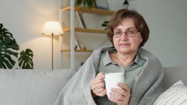 美しいです古いです女性飲むお茶に座ってソファに家 — ストック動画