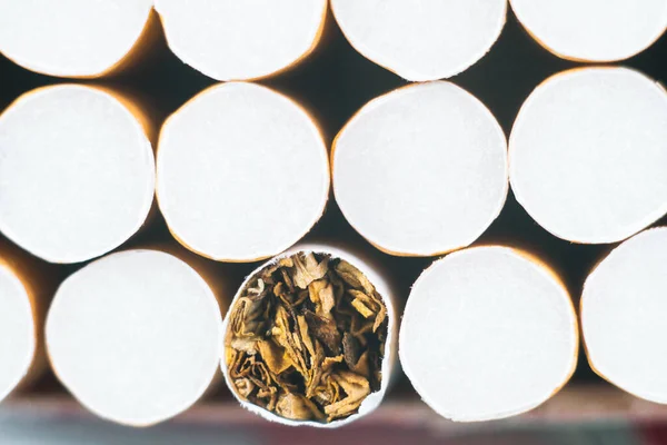 Sluit de sigarettenachtergrond of -structuur van tabak af. Oogst van tabakssigaretten van dichtbij van voren — Stockfoto