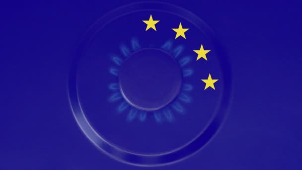 Gas gaat aan, blauwe vlam tegen de achtergrond van de EU-vlag — Stockvideo