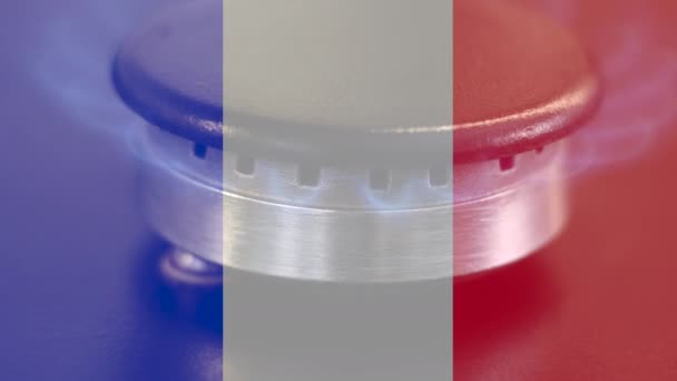 Il gas si accende, sullo sfondo della bandiera francese appare una fiamma blu — Video Stock