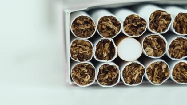Σωρός τσιγάρων καπνού περιστρέφεται σε λευκό φόντο από κοντά. Κλείσιμο φόντο ή υφή τσιγάρου καπνού — Αρχείο Βίντεο