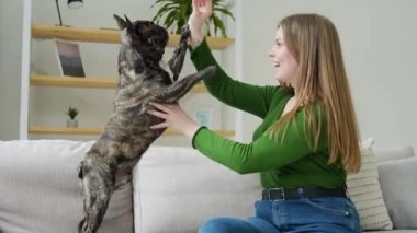 Mutlu yetişkin kız rahat bir kanepede oturuyor. Evcil köpeğiyle eğleniyor.