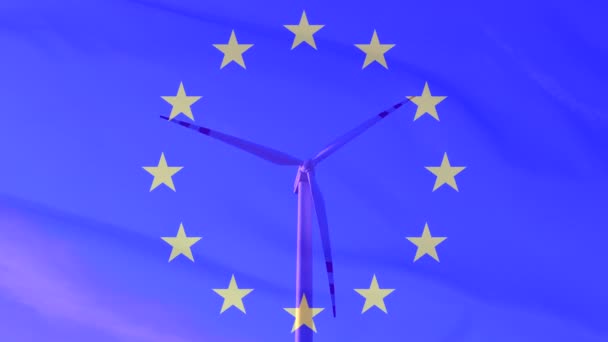Massiv vindturbin - antenn nära mot bakgrund av EU-flaggan — Stockvideo