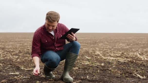 Farmer on a field with a tablet before planting agricultural cultures studies the condition of the soil — Video Stock