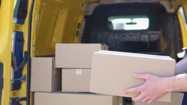 Glada kurir kastar paketet stående nära leverans van — Stockvideo