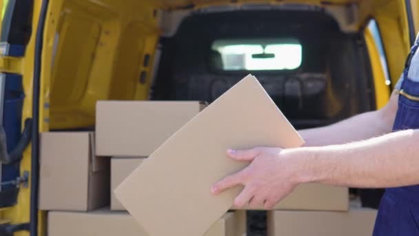 Kuriren kastar paketet stående nära leverans van — Stockvideo