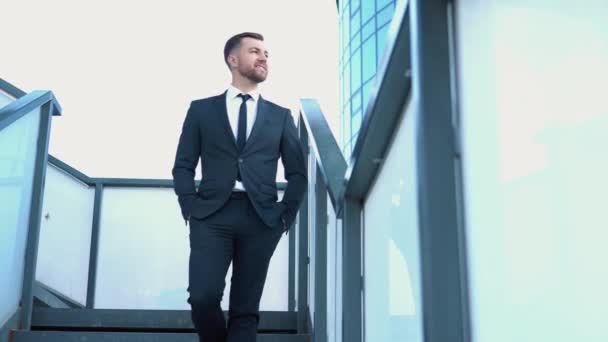 A well dressed happy bearded office corporate male executive standing outside a modern corporate building. Cityscape background — Stockvideo