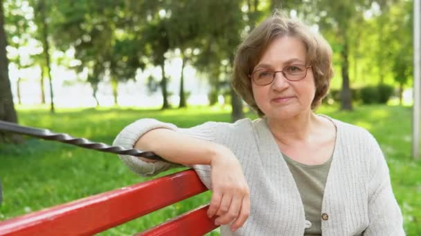 パブリックシティパークのベンチで笑顔メガネを持つ高齢女性の肖像画 幸せな白い老婦人のカメラを見て アクティブな退職生活 屋外での時間を過ごす — ストック動画