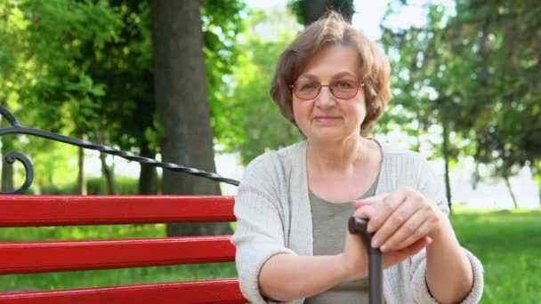 Retrato Anciana Con Gafas Sonriendo Banco Parque Público Ciudad Feliz — Vídeo de stock