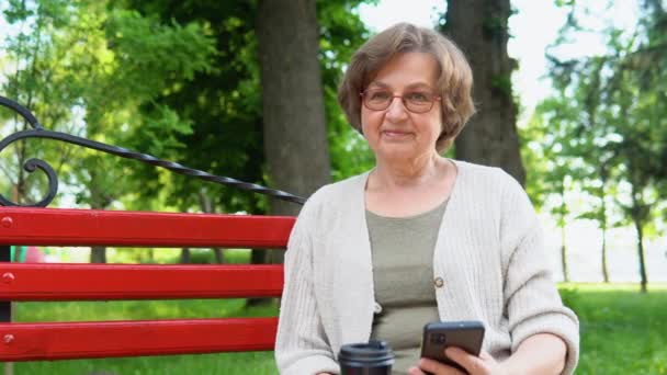 Portrait Une Femme Âgée Avec Smartphone Assis Dans Parc Sur — Video