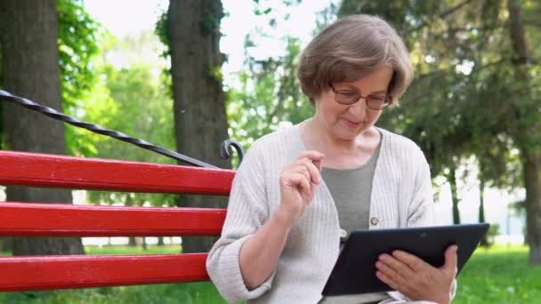 Mujer Mayor Edad Jubilación Sentada Banco Del Parque Haciendo Videollamadas — Vídeo de stock