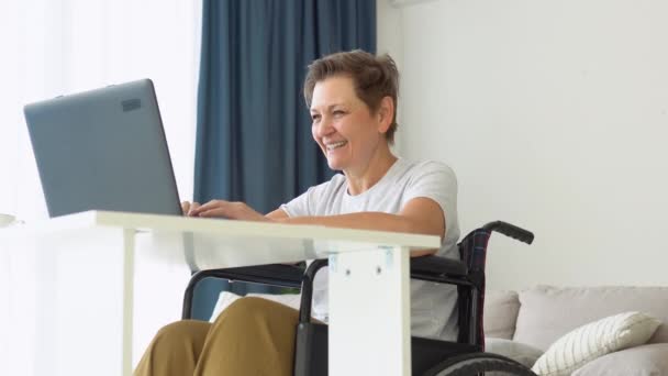 Senior Freelancer Working Typing Laptop Sitting Wheelchair Home Distant Work — Stock Video