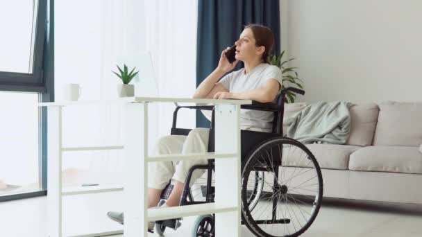 Motivated Freelancer Speak Phone Sitting Wheelchair Home Distant Work Concept — Wideo stockowe