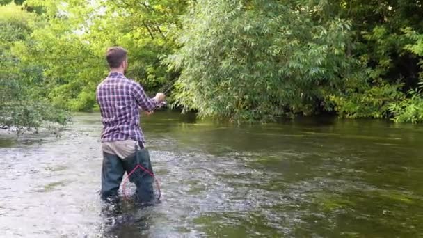 Fischer Mit Angelrute Auf Dem Fluss Bachforellenfische Sommerferien Und Personenkonzept — Stockvideo
