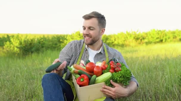Farmer Stands Basket Full Fresh Vegetables Agriculture Vegetable Harvesting Season — Video Stock