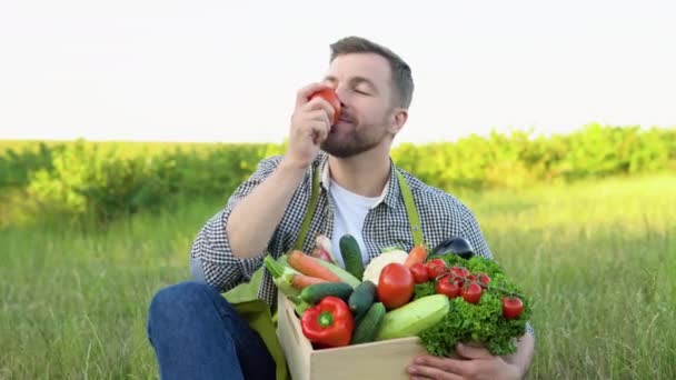 Feliz Agricultor Segurando Cesta Com Legumes Frescos Colhidos Sorrindo Câmera — Vídeo de Stock