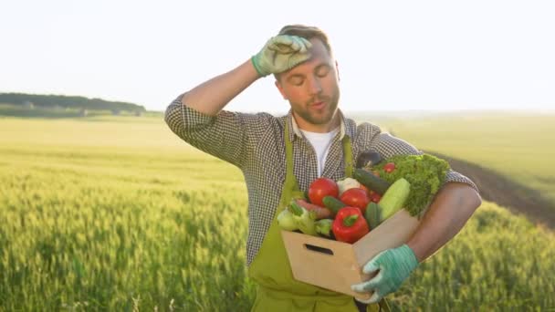 Farmář Stojí Košíkem Plným Čerstvé Zeleniny Zemědělství Sklizně Zeleniny Terénu — Stock video