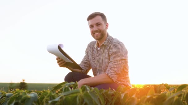 Farmer His Plantation Soybean Checks Crop — Stock Video