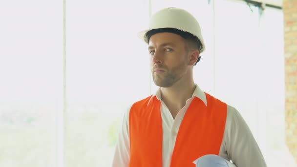 Ingenieur Entwickler Helm Inspektion Gebäude Bauunternehmer Spezialist Bauingenieur Architekt Baustelle — Stockvideo