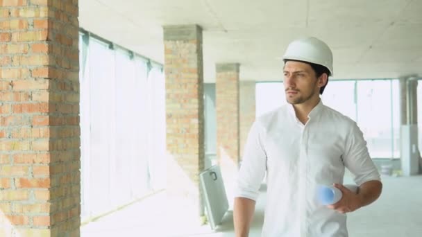 Engineer Developer Helmet Inspecting Building Builder Constructor Specialist Civil Engineer — Vídeos de Stock