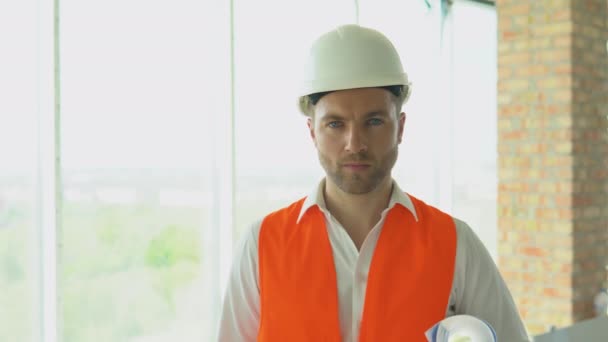 Stavební Inženýr Přilbové Inspekci Budovy Stavební Specialista Stavba Staveniště Stavebního — Stock video