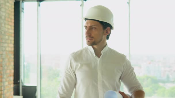 Engineer Developer Helmet Inspecting Building Builder Constructor Specialist Civil Engineer — Vídeos de Stock