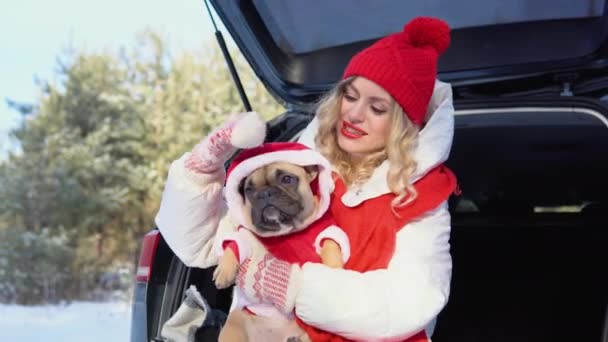 Woman Cute Dog Enjoying Outdoors Mountain Car Travel Concept Winter — Stockvideo