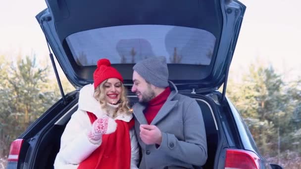 Young Caucasian Couple Sitting Opened Car Sparklers — Video