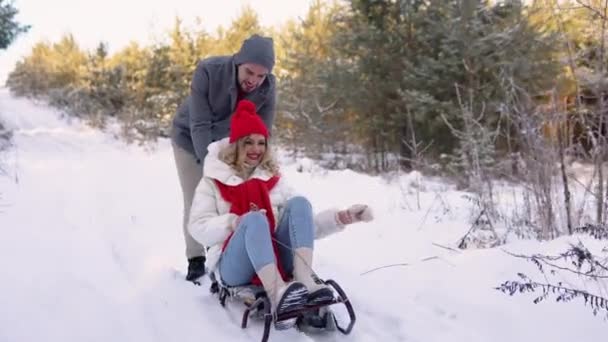 Happy Playful Family Couple Sledding Winter Park Laughing Having Fun — Stock Video