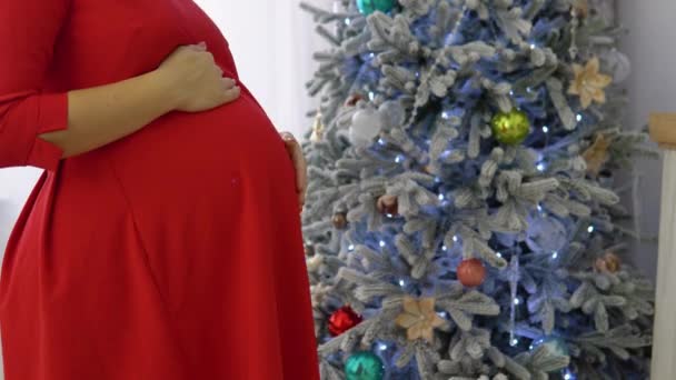 Bauch Einer Schwangeren Frau Mit Neujahrsball Glückliche Schwangere Weihnachtlich Dekoriertem — Stockvideo