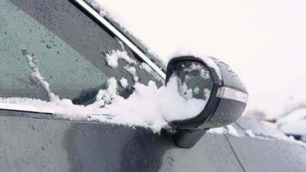 Frozen Car Window Rearview Mirror Covered Frost Snowflakes Winter Weather — 图库视频影像