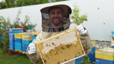 Arı yetiştiricisinin yakından çekilmiş bir portresi. Arılarla dolu bir bal peteği tutuyor. Arı kovanındaki bal peteği çerçevesini kontrol eden koruyucu iş giysisi sorumlusu. Arıcılık konsepti. Arıcı bal topluyor.