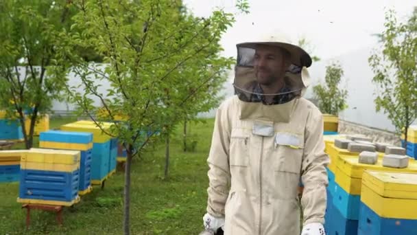 Beekeeper Walking Apiary — Vídeo de stock