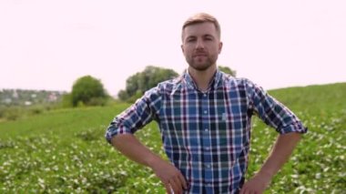 Farmer on soybean field agronomist or farmer examining crop of soybeans field