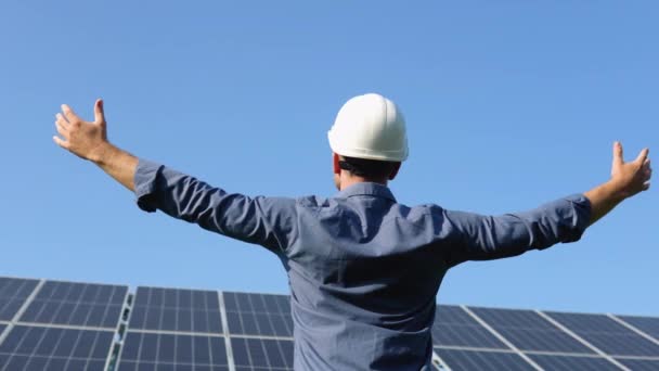 Solar Power Plant Man Standing Solar Panels Renewable Energy — Video