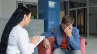 Man with psychologist theraphy social problems concept drug addiction.